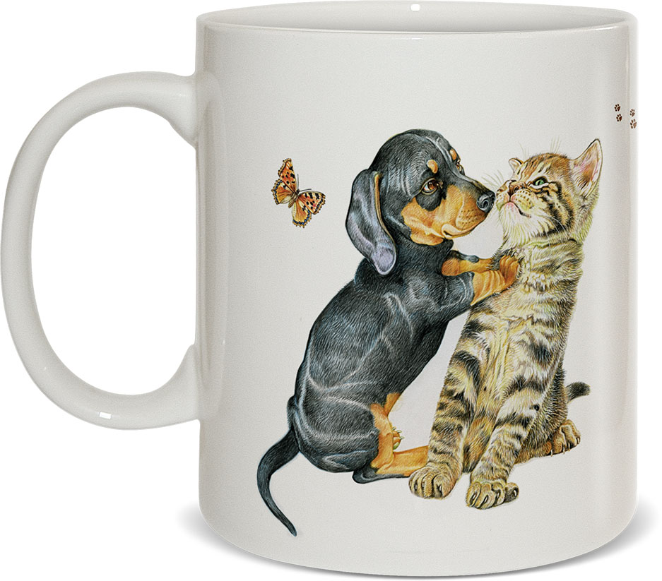 картинка Кружка "Как кошка с собакой" Полосатый котенок и такса от магазина Посуды
